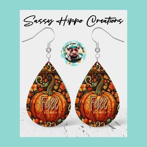 Earrings Fall Vibes Autumn Pumpkin Season Hand Sublimated Printed MDF Hook Backs